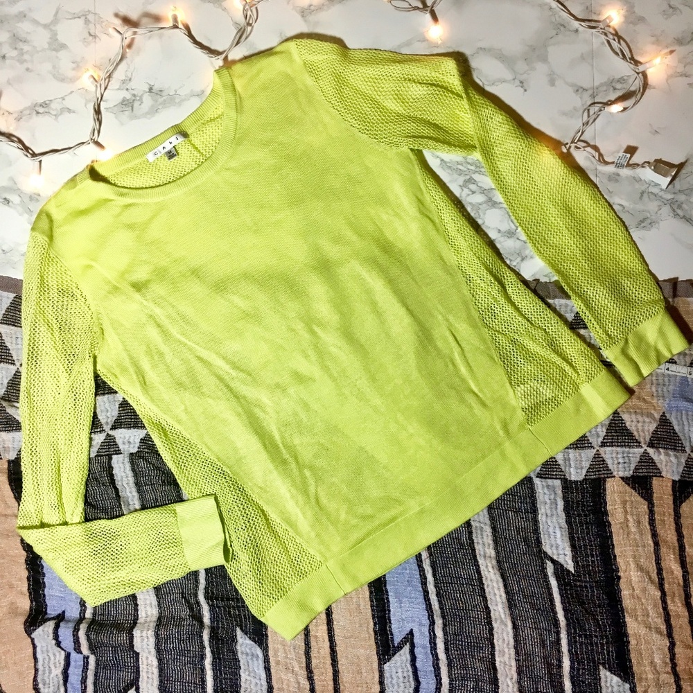 CAbi Split back mesh lime green sweater Style 199